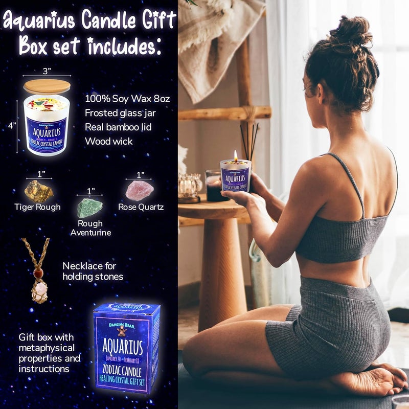 Dancing Bear Aquarius Zodiac Candle Gift Box Set with 3 Healing Crystals & Stone Holder Necklace, 100% Soy Scented Wax, Crackling Wood Wick, 45 Hour Burn Time - Image 2